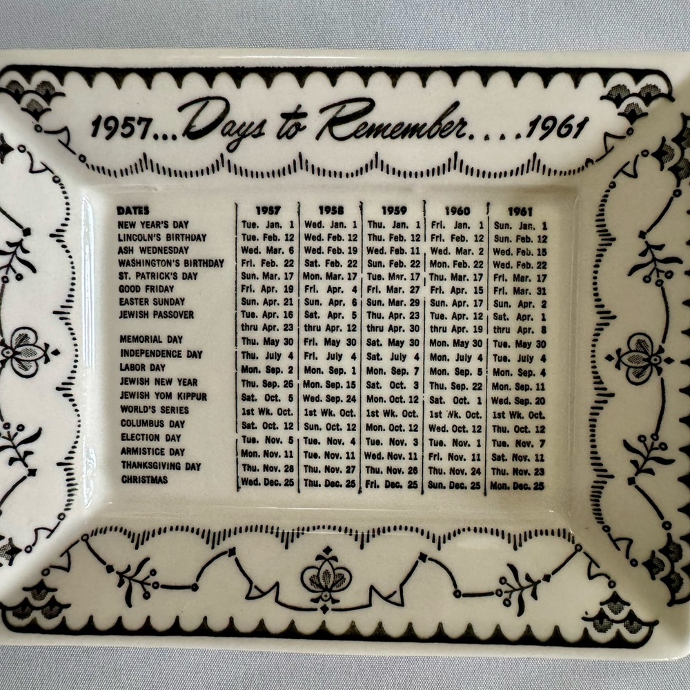 Vintage 1957–1961 “Days to Remember” Ceramic Dish – Calendar Commemorative Plate